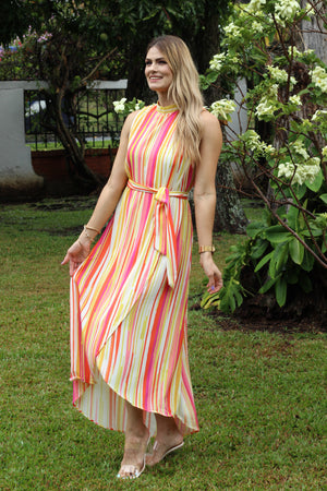 Vestido Maxi rayado amarillo,naranja,rosa y blanco