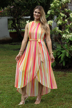 Vestido Maxi rayado amarillo,naranja,rosa y blanco