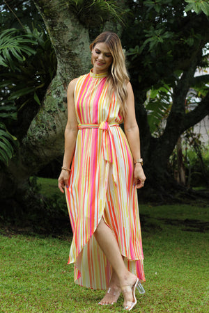 Vestido Maxi rayado amarillo,naranja,rosa y blanco