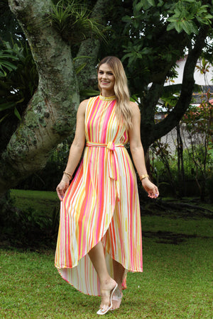 Vestido Maxi rayado amarillo,naranja,rosa y blanco